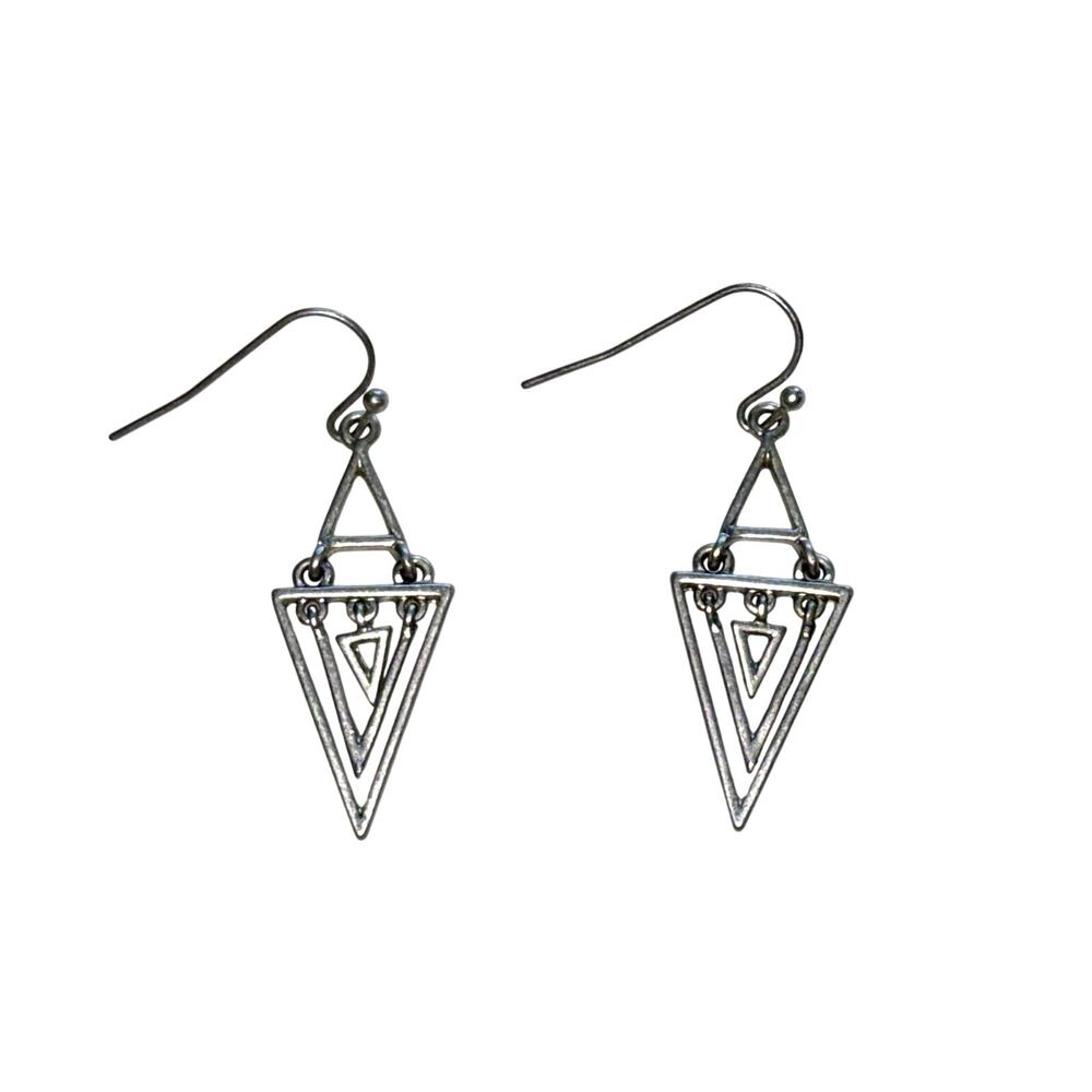 Vintage Silver Tone Triple Triangle Dangle Earrings